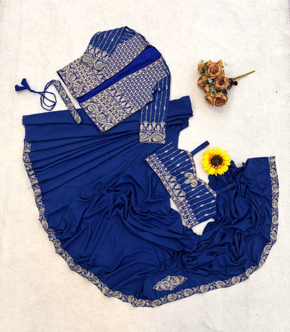 Exclusive Pink Heavy Crep Silk Embroidery Sequence Saree Set