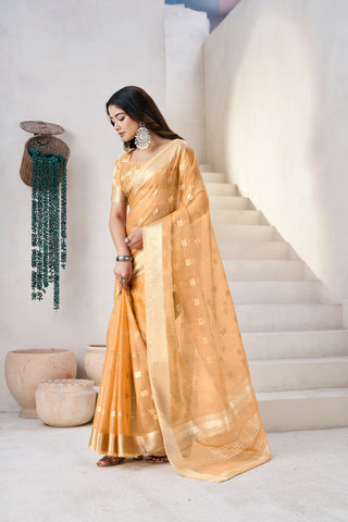 Exclusive Green Soft Linan Cotton Silk Zari Work Saree