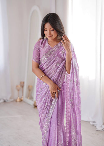Opulent Peach Silk Saree with Beads Work