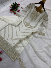 Lovely White Heavy Frendy Silk Embroidery Work Palazzo Suit