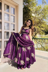 Stunning Maroon Pure Silk Embroidered Gown