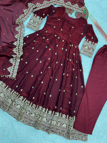Exclusive Maroon Fandy Satin Silk with Heavy Embroidery Work Gown