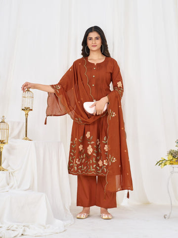 Pretty Brown Pure Cotton Multi-Thread Embroidery Kurti