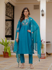 Alluring Rust Pure Viscose Mango Silk Multi Embroidery Work Kurti Set