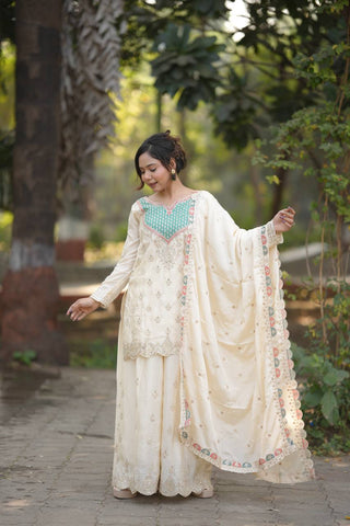 Stylish Chinon Silk Embroidery Work Sharara Suit