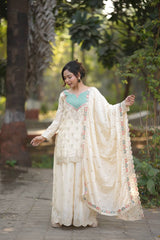 Stylish Chinon Silk Embroidery Work Sharara Suit