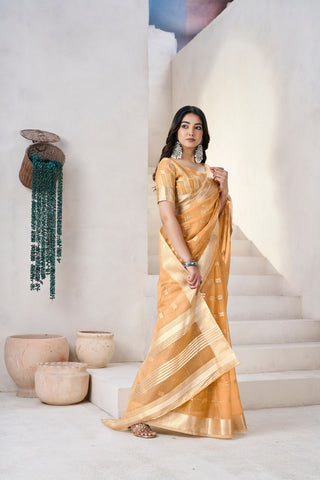 Exclusive Green Soft Linan Cotton Silk Zari Work Saree