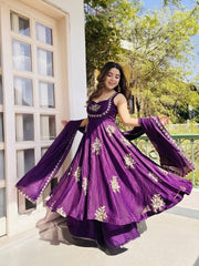 Stunning Maroon Pure Silk Embroidered Gown