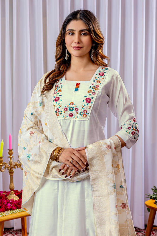 Lovely White Mango Silk with Multi Embroidery Kurti Set