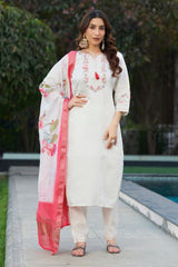 Amazing White Viscose Silk Multi Embroidery Kurti Set