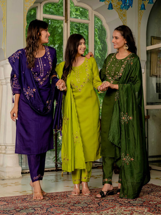 Amazing Violet Marina Silk Multi Embroidery With Hand Work Kurti Set