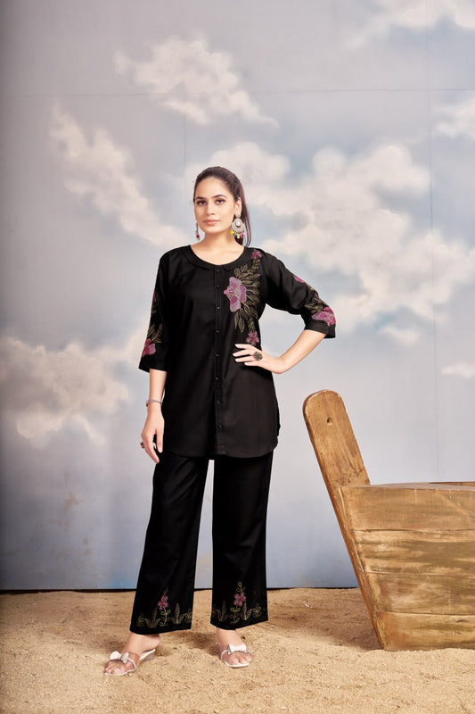 Exclusive Black Heavy Rayon Multi Embroidery Work Co-Ords Set