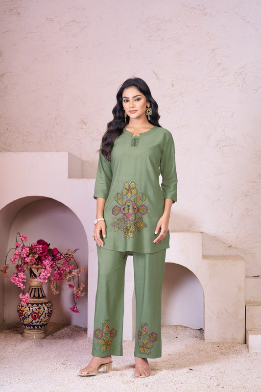 Amazing Pista Rayon with Multi Embroidery Work Co-Ords Set