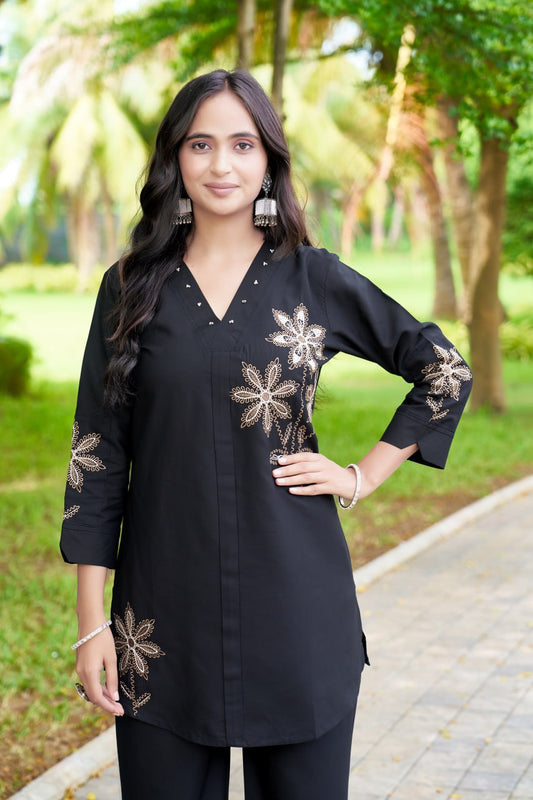 Amazing Black Heavy Rayon Multi Embroidery Co-Ords Set