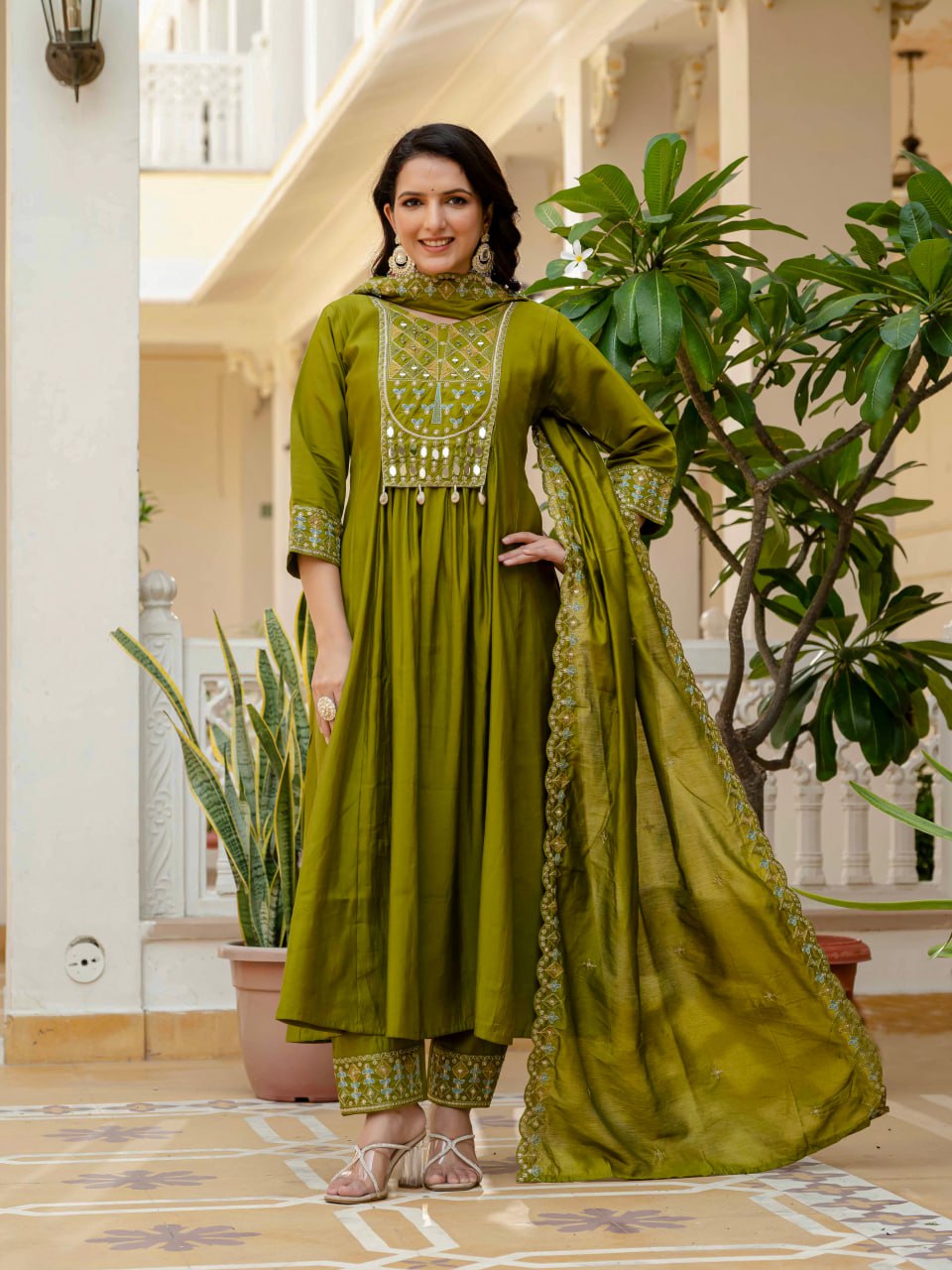 Gorgeous Roman Silk Multi Embroidery Work Anarkali Kurti Set
