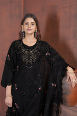 Captivating Black Heavy Viscose Roman Embroidery Sharara Suit