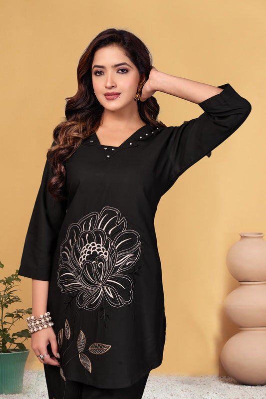Attractive Black Viscose Rayon Multi Embroidery Work Co-Ord Set