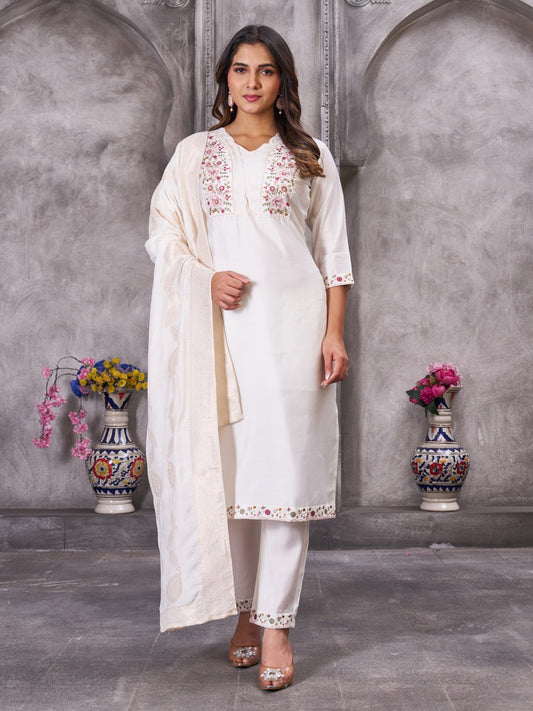 Lovely White Roman Silk Multi Embroidery Kurti Set