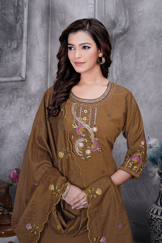Stylish Brown Roman Silk with Thread Work Kurti Set