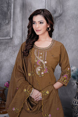 Stylish Brown Roman Silk with Thread Work Kurti Set