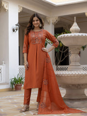 Rust Pure Viscose Mango Silk Multi Embroidery Kurti Set