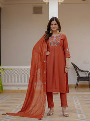 Alluring Rust Pure Viscose Mango Silk Multi Embroidery Work Kurti Set