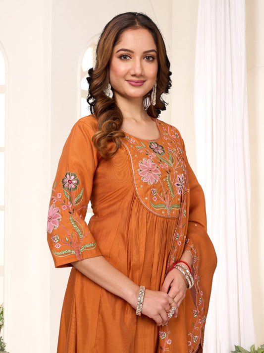 Lovely Orange Viscose Roman Silk Multi Embroidery Work Anarkali Kurti Set