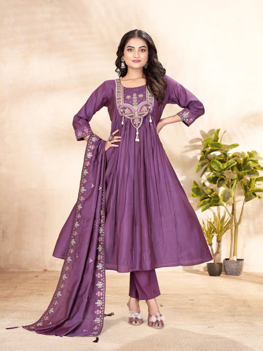 Gorgeous Purple Roman Silk with Multi-thread & Sequence Work Anarkali Kurti Set