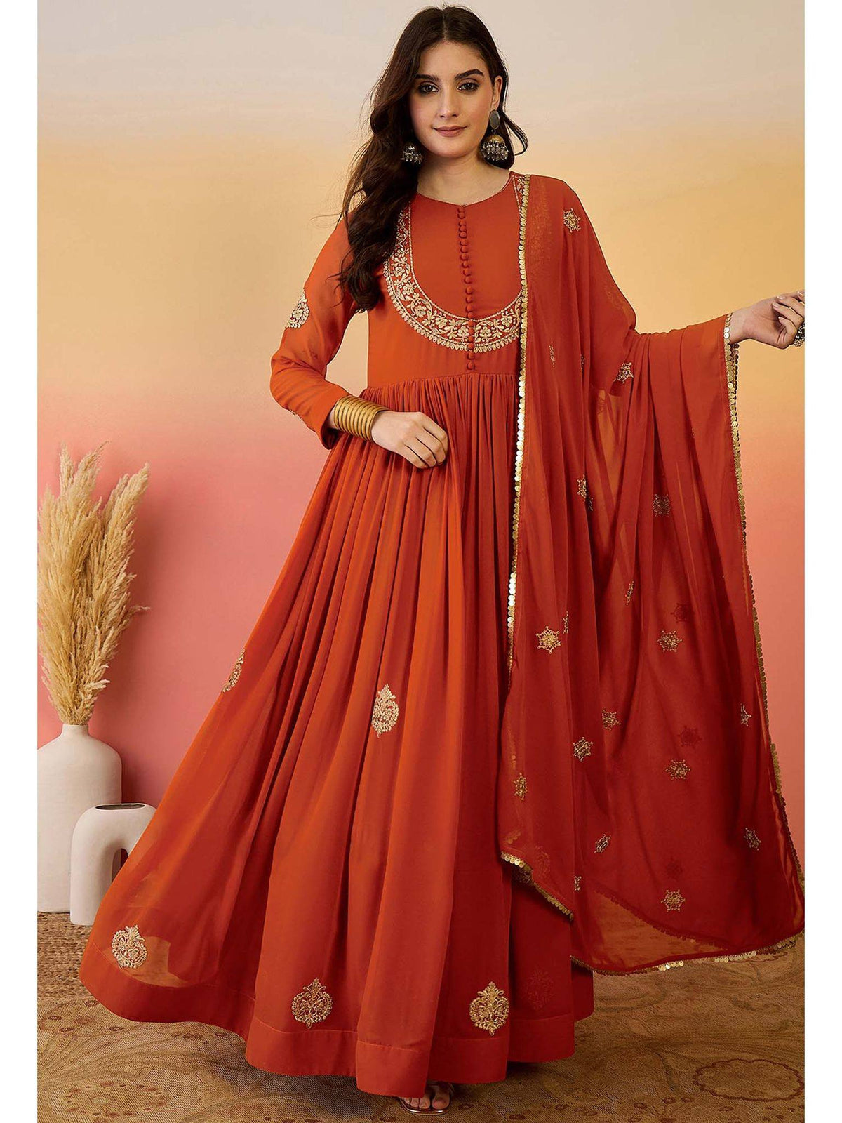 Gorgeous Orange Georgette with Work Gown