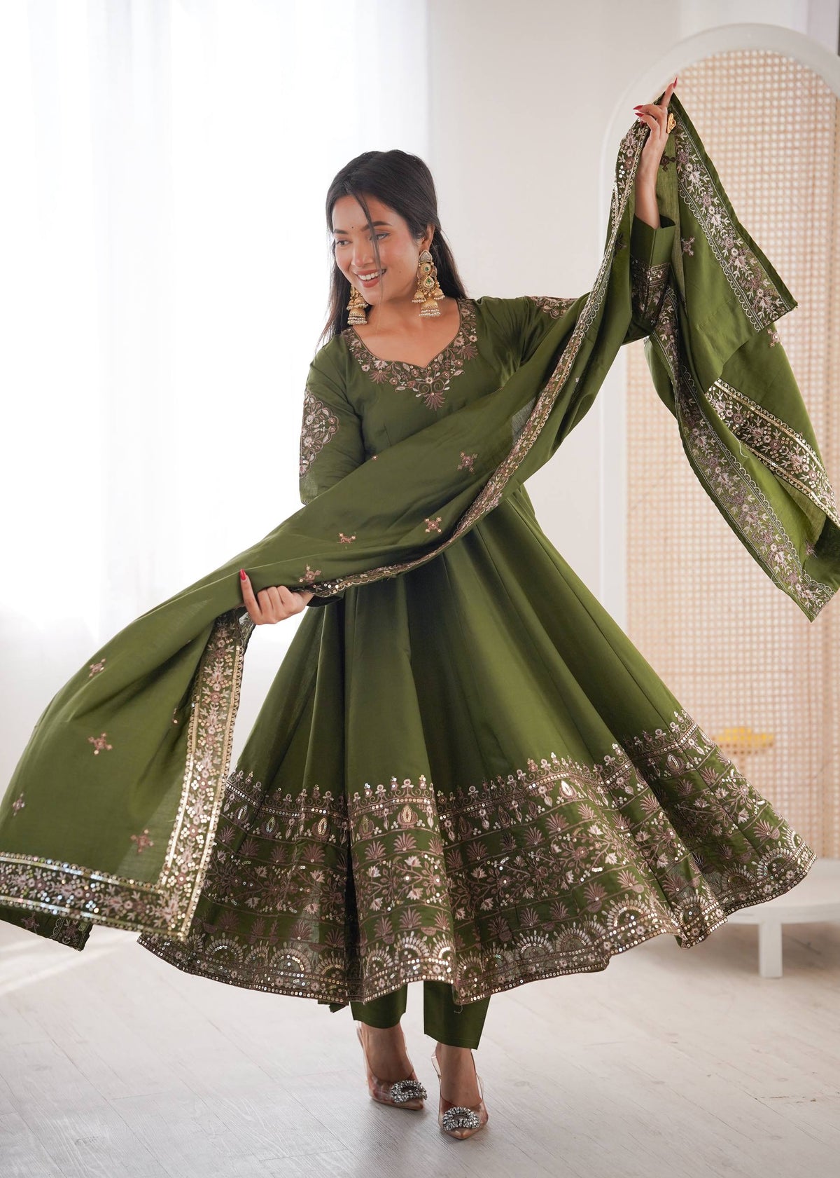 Stylish Red Roman Silk with Embroidery Sequence Work Gown