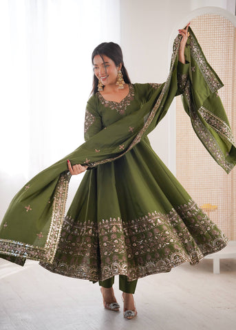 Stylish Red Roman Silk with Embroidery Sequence Work Gown