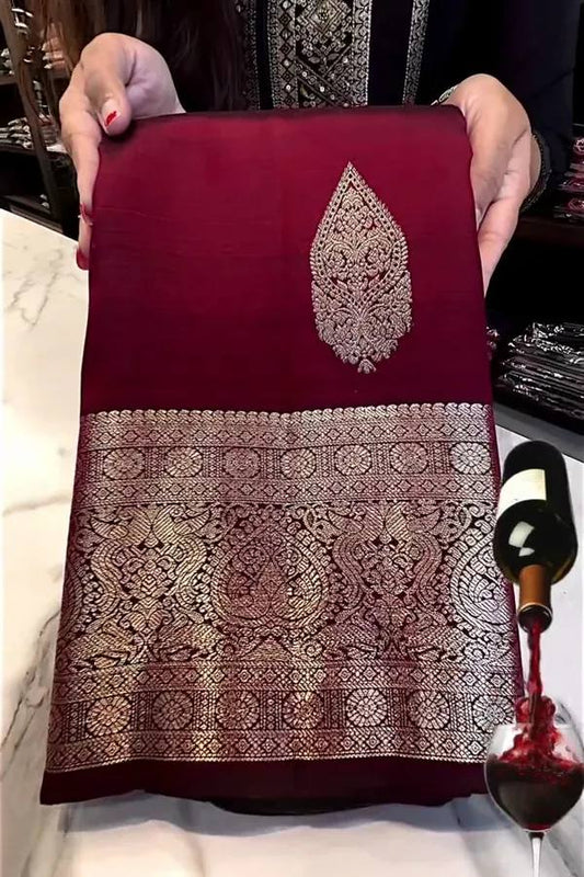 Stunning Maroon  Lichi Silk Banarasi Saree