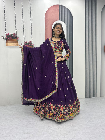 Charming Purple Chinon Embroidery Work Lehenga Choli