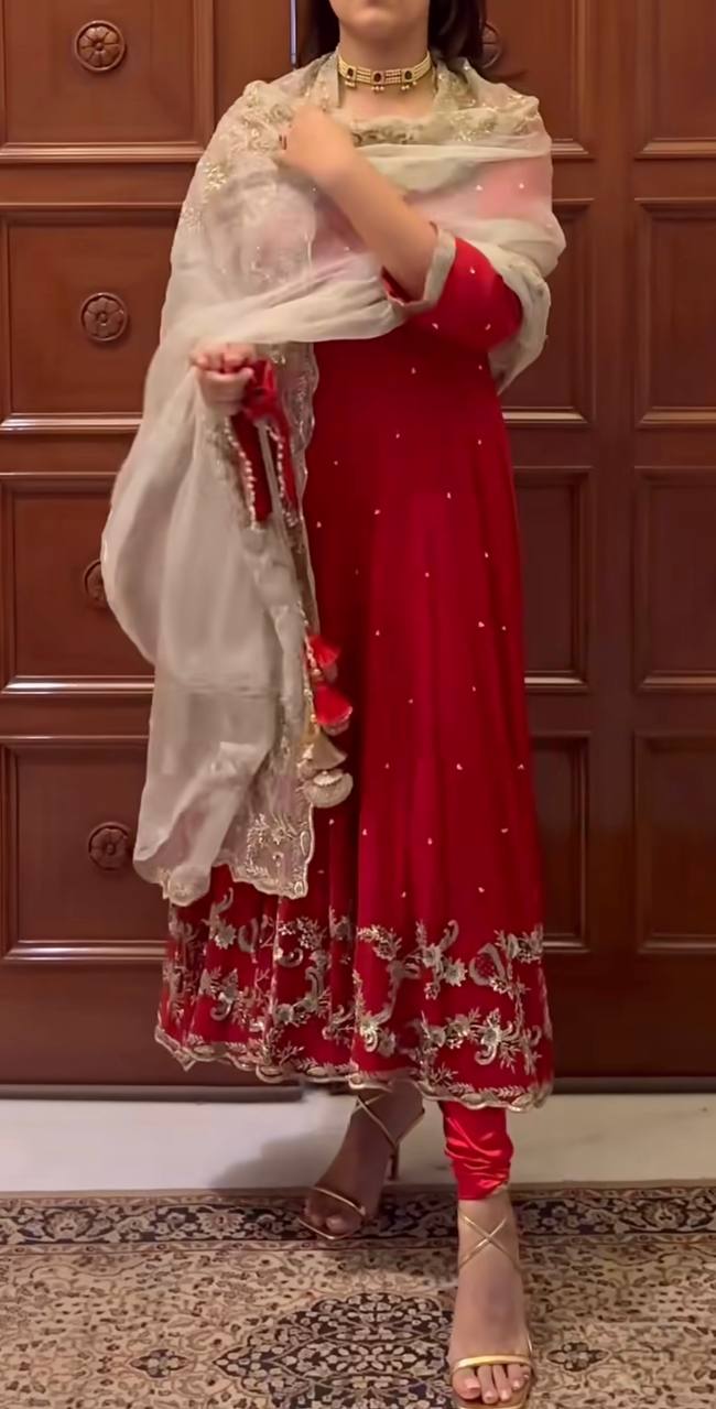 Elegant Red Fox Georgette Embroidery Work Gown