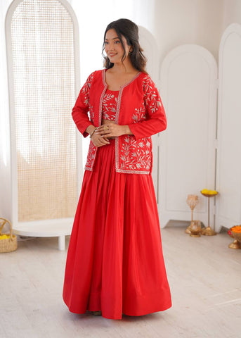 Stunning Red Havy Chinon Silk Plain Lehenga