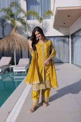 Amazing Yellow Fabrics with Sequins Work Kurti Set