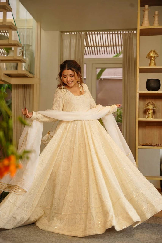 Cream Georgette Heavy Embroidery Anarkali Suit