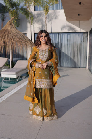 Captivating Fendi Chiffon with Zari Work Sharara Suit