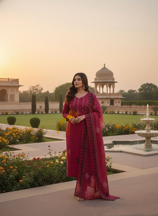 Lovely Maroon Cotton with Mirror Hand Work Kurti Set