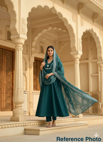 Opulent Dark Teal Cotton Mirror Work Kurti
