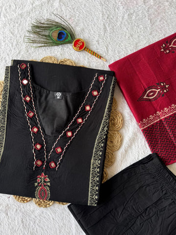 Alluring Red Pure Cotton with Block Work Suit Set
