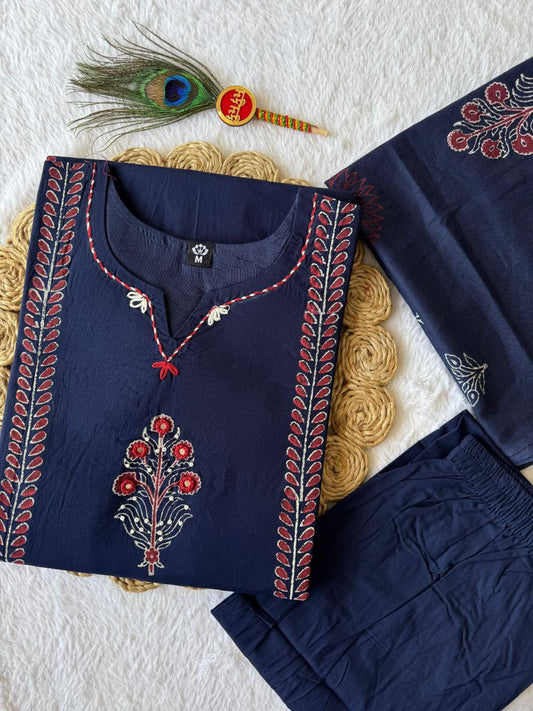 Classic Navy Blue Cotton with Block Work Kurti Set