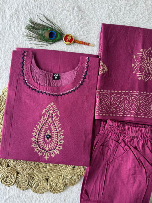 Rani Pink Cotton with Mirror Hand Work Kurti Set
