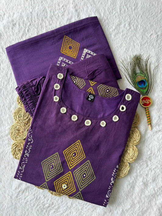 Lovely Purple Cotton with Real Mirror Hand Work Kurti Set