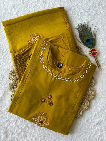 Mustard Cotton with Mirror Hand Work Kurti Set