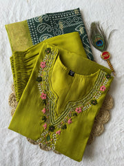Amazing Green Lichi Silk Jacquard Work Kurti Suit