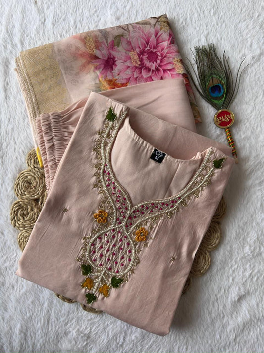Charming Light Peach Premium Roman Silk Hand Work Suit