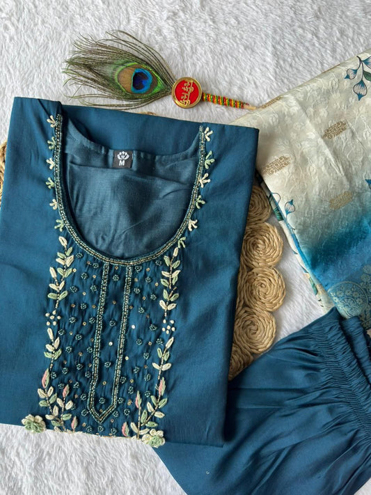 Lovely Blue Premium Roman Silk Hand Work Suit