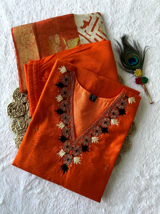 Exclusive Orange Roman Silk with Hand Work Kurti Set