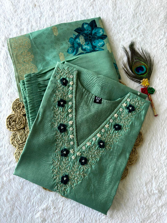 Pista Green V-Neck Floral Embroidered Kurti Set